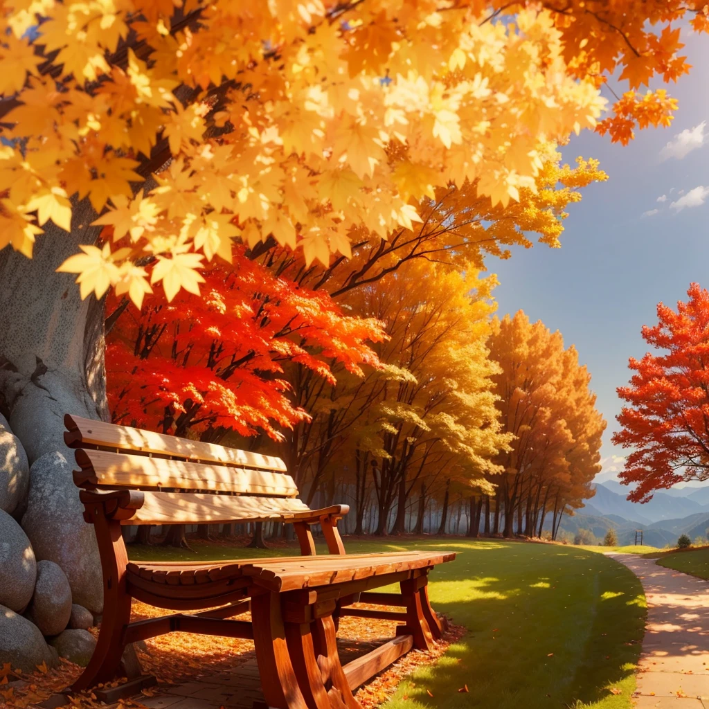 (Highest quality, High resolution), Landscape of autumn leaves.Vibrant colors,Low - Angle,
(古びたwood製のベンチ:1.3),(大きな楓のwood,Textured bark:1.2),a lot of fallen leaves, A winding road leading deep into the mountains,Warm earth tones, Soft and natural lighting.Autumn leaves background, Vibrant colorsの葉, The golden leaves gently fall, wood々Warm sunlight shining in from between, Peaceful and calm atmosphere, Soft rays of light illuminating the scene, The sound of rustling leaves, Fresh, cool air, A carpet of fallen leaves on the ground, Quiet and picturesque setting, Natural beauty in full bloom,