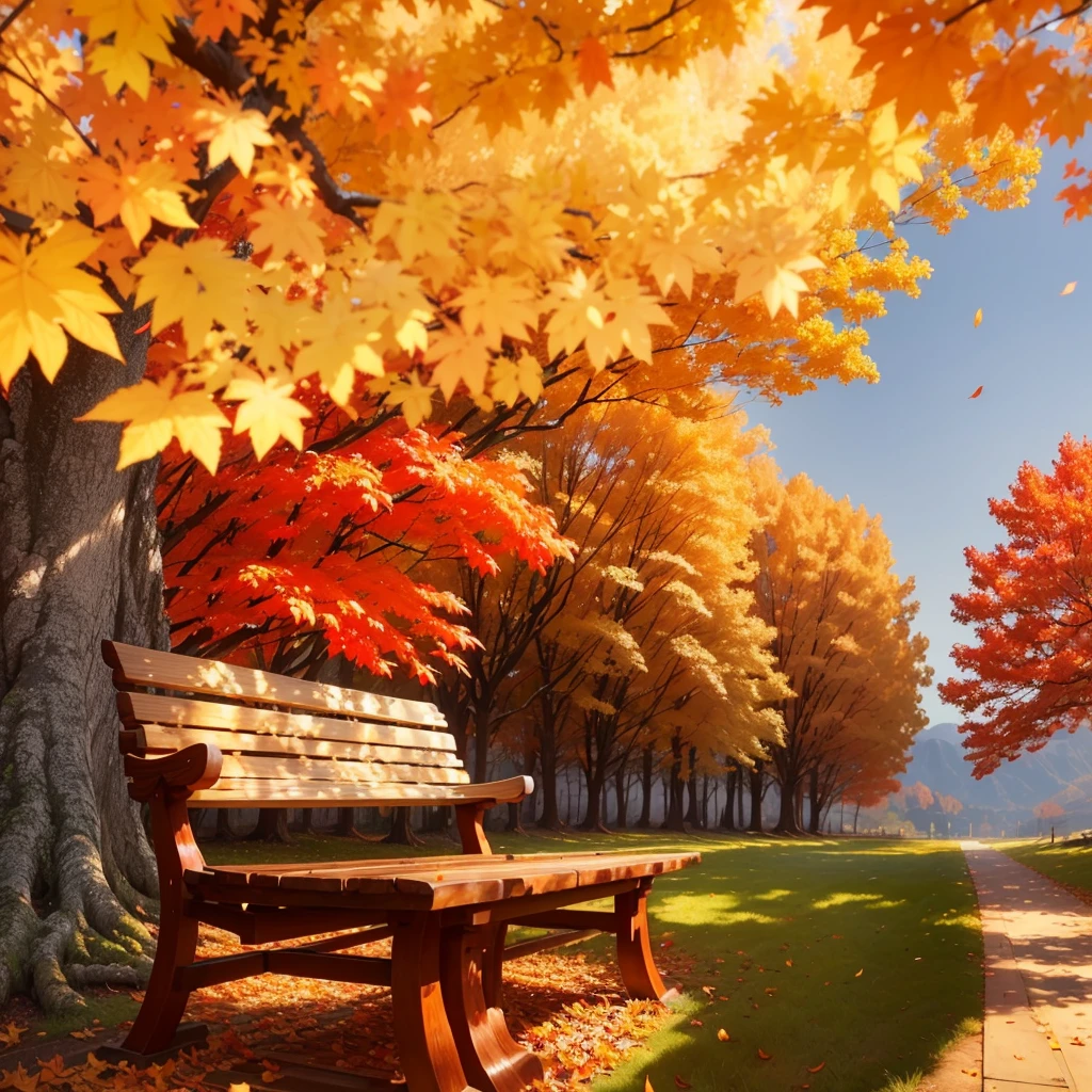 (Highest quality, High resolution), Landscape of autumn leaves.Vibrant colors,Low - Angle,
(古びたwood製のベンチ:1.3),(大きな楓のwood,Textured bark:1.2),a lot of fallen leaves, A winding road leading deep into the mountains,Warm earth tones, Soft and natural lighting.Autumn leaves background, Vibrant colorsの葉, The golden leaves gently fall, wood々Warm sunlight shining in from between, Peaceful and calm atmosphere, Soft rays of light illuminating the scene, The sound of rustling leaves, Fresh, cool air, A carpet of fallen leaves on the ground, Quiet and picturesque setting, Natural beauty in full bloom,