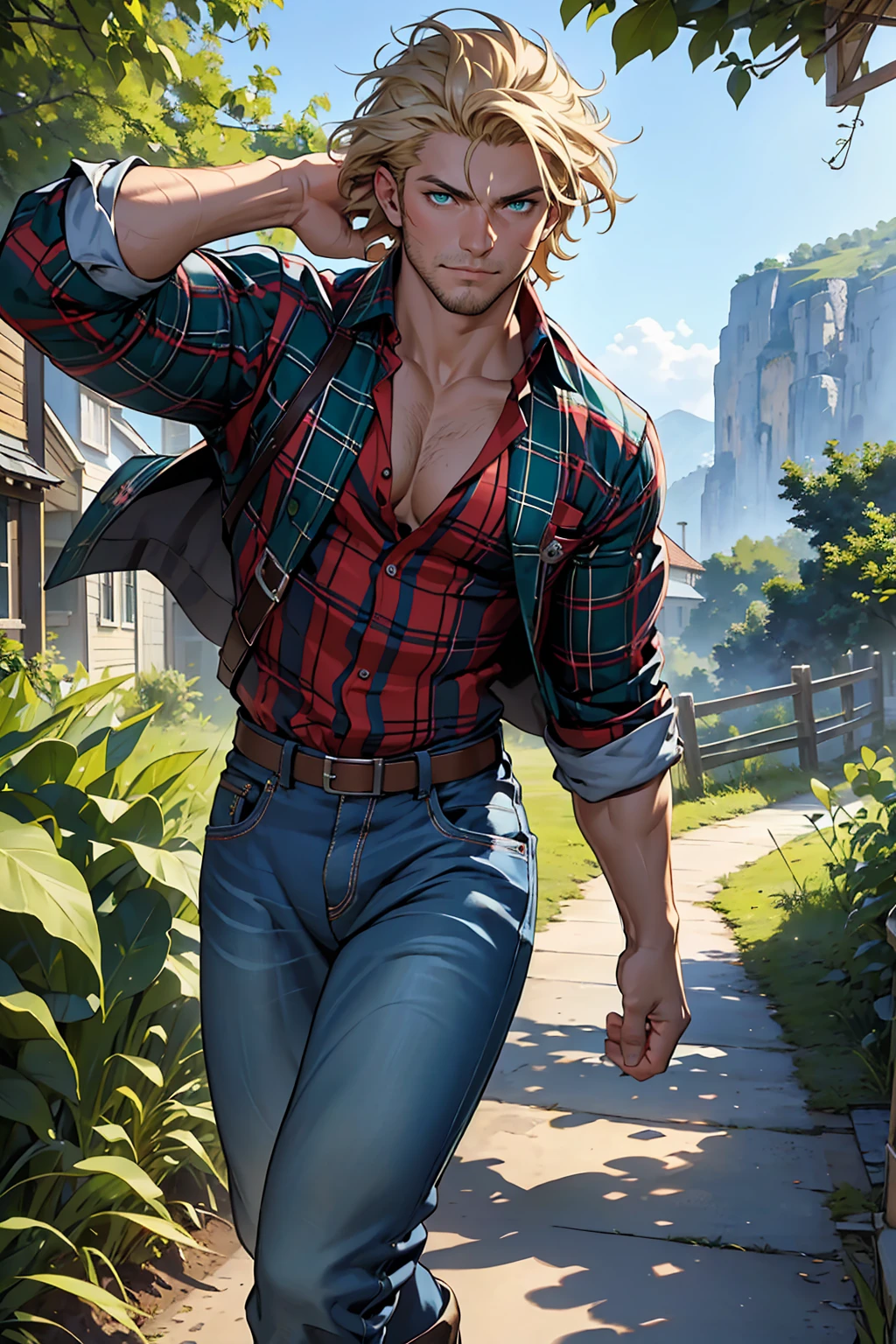 Marco (One piece), corpo inteiro, Homem, corpo altamente musculoso , gostoso, sorrindo, em um campo, with mountains behind