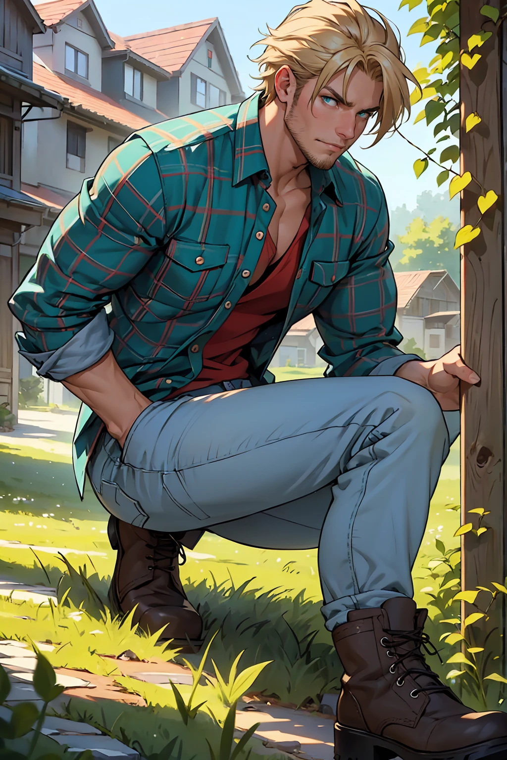 (masterpiece:1.2), (best quality), (ultra detailed), (8k, 4k, intricate),(full-body-shot:1), (highly detailed:1.2),(detailed face:1.2), (detailed background),detailed landscape, (dynamic angle:1.2), (dynamic pose:1.2), a caucasian male wearing country clothing that stands at 6'1"ft, 180lbs. Walking around an town with an nearby farm
Has a medium build with a bit of muscle, shaggy blonde hair, emerald blue green eyes, a bit of stubble.
And mostly dresses up in casual attire, red or blue plaid shirt, baggy jeans, old work boots.
