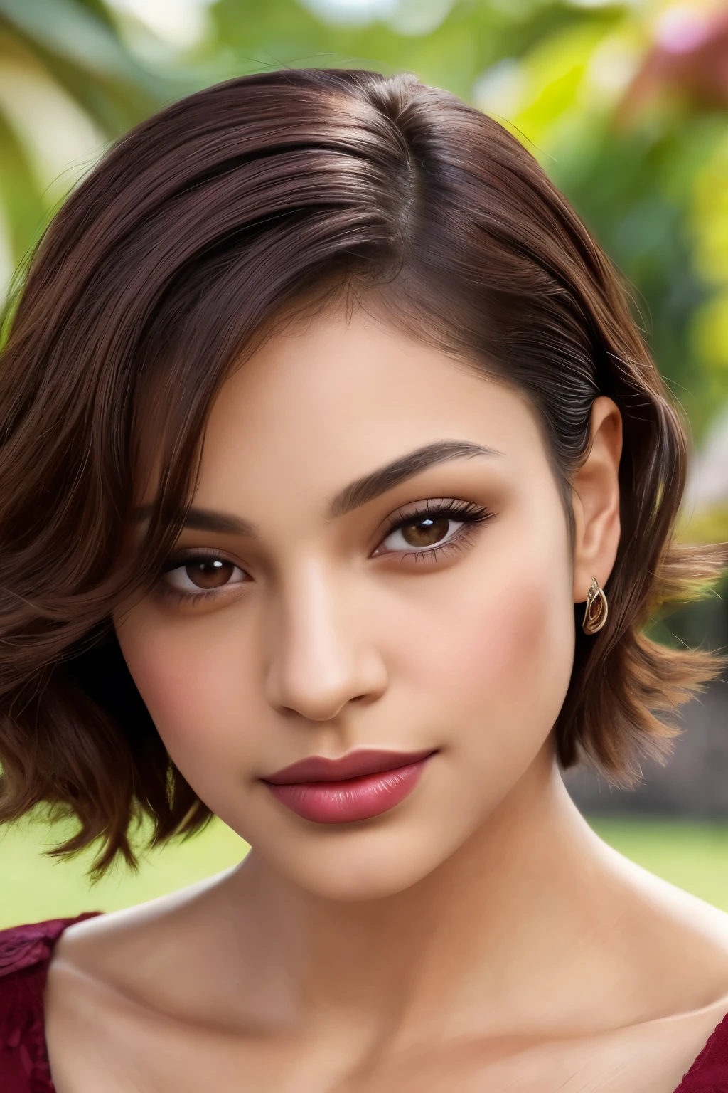 In the captivating portrait (best quality:1.2), the 30s Latina woman is stunningly depicted in a closeup image, her short hair, a rich burgundy red, subtly framing her beautiful, detailed brown eyes. The closeup allows for an extremely detailed examination of her features, from her lush, long eyelashes to her full, beautifully detailed lips. The HDR technique has been masterfully employed, resulting in ultra-detailed eyes and face, each pore and strand of hair exquisitely rendered. The soft shadows add depth and dimension to her features, while the hard shadows create a striking contrast. She wears a low-neckline,