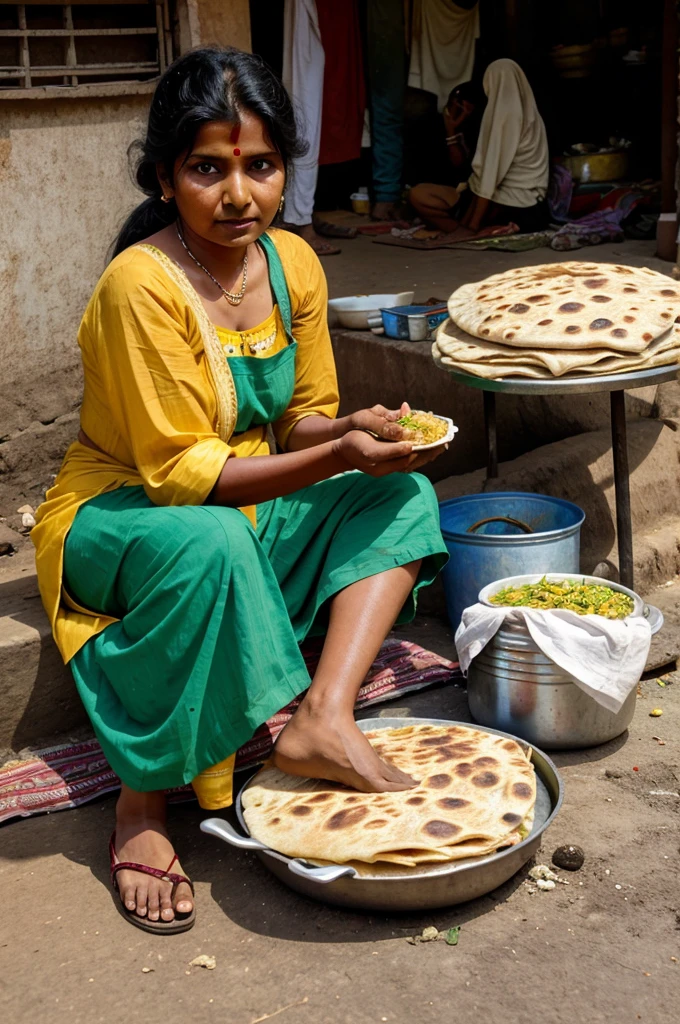 An Indian woman makes and sells potato parathas in her state food on the roadside and people sitting around eat it
