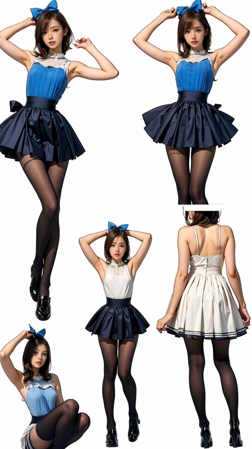 ((masterpiece)),(((Highest quality))),((Character design sheet)),Thin thighs,Long legs,((Alice in Wonderland, wearing a large ribbon on your head,, wear black tights,loafers))、-yeld gi(Raise your arms、Please show me your armpits:1.2)、(Droopy eyes:1.2), (Very slim:1.4)、Low angle reveals white panties:1.5,Toy background:1.5