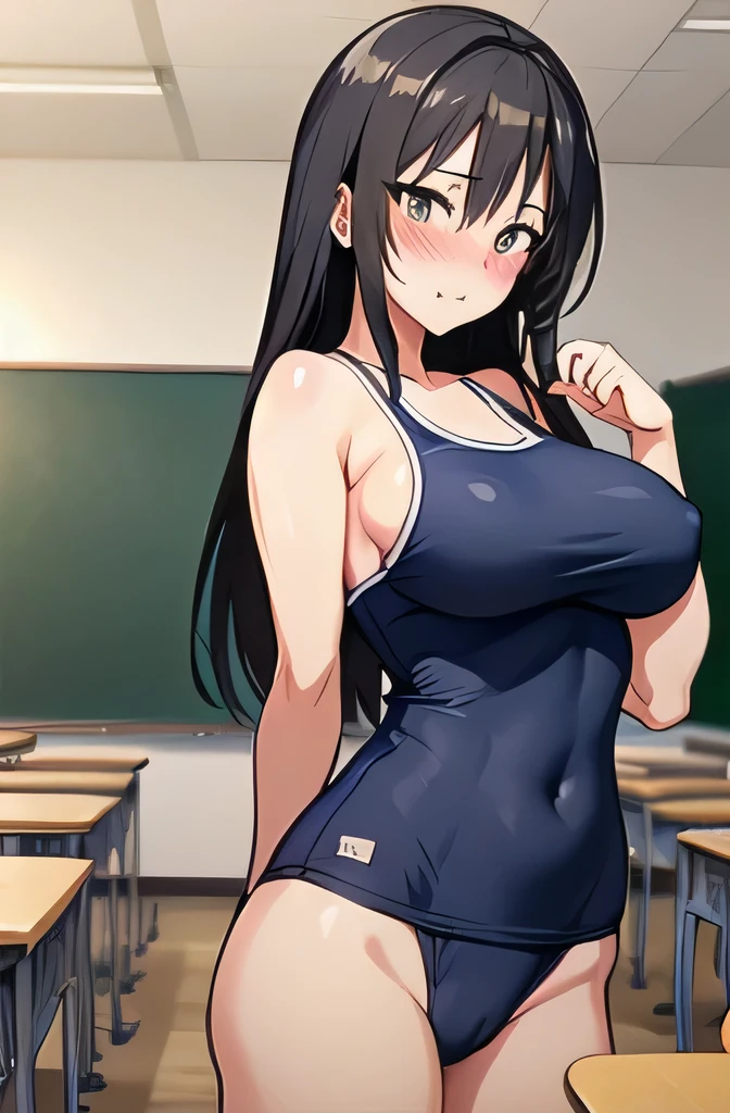 best quality, masterpiece, portrait, sexy posing, 1girl, kotegawa yui, black hair, long hair, long bangs, brown eyes, large breasts, Navy one-piece school swimsuit,beautiful big breasted woman:1.3、 classroom, looking at viewer, blush,embarrassed,cowboy shot,show off nipple,turning around,bondage:1.3,