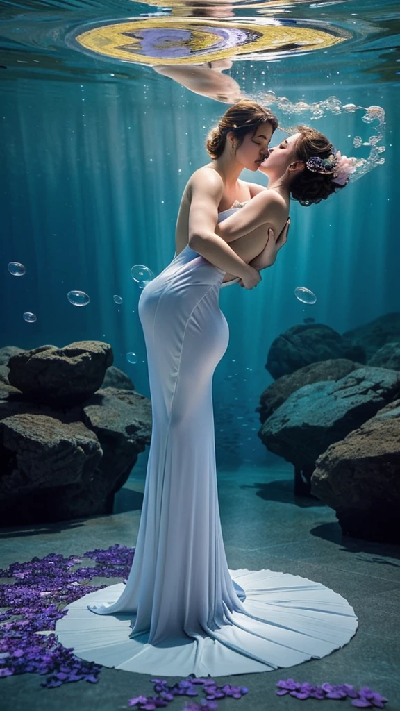 A dreamy ethereal scene of two lovers in a whimsical aquatic setting, The couple is floating amidst flower petals and shimmering bubbles immersed in a softly lit mystical underwater environment, Their bodies are intertwined in a sensual passionate dance with expressions of deep connection and surrender, The background is composed of organic abstract shapes creating a fantastical and enveloping atmosphere, The color palette is dominated by shades of blue purple and gold lending an oneiric and melancholic quality, Style Atmospheric ethereal whimsical sensual melancholic romantic aquatic