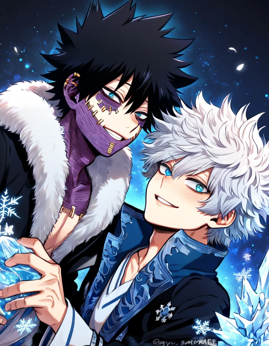 absurdres, highres, ultra detailed, HDR, master piece, best quality, extremely detailed face, delicated features, Dabi, black hair, expressive turquoise eyes, Boku No Hero Academia, Himura Satoru, white hair, expressive blue eyes, white eyelashes, two sexy men together, yaoi, gay couple, handsome, smiling, blue jacket with fur, black coat, fantasy, magical, ice, blue fire, ice butterflies, snowflakes, starry night