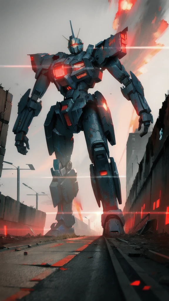 An mecha, on an abandoned bridge, in the background a post apocalyptic scene, Shawn Levy style, 8k image, vfx effects, high detail, focused image, high level of detail, black with red, cinematic scene. Perspective view, fighting scene