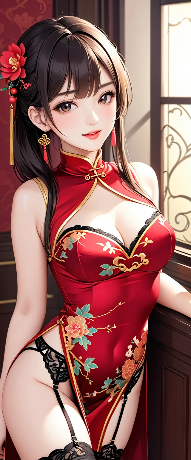 high resolution, Adult women , Good lighting, contemptible, , (exposed), (((cheongsam))), (()), ((())), (Garter belt), Abdomen only, (),  ,  Cute face, I&#39;I很尴尬，Blushed, humiliation, ((Look back)), ((transparent))()(T-back)(Existing in large quantities on the body,)