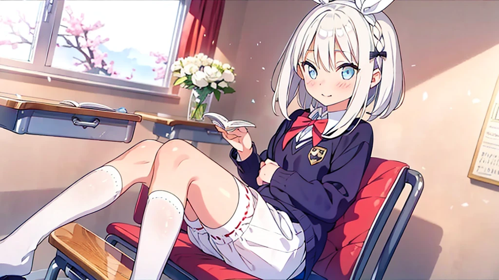 1 white-haired girl with ribbon decorations on her head, blue eyes at school Bloomers Women with white leggings at home