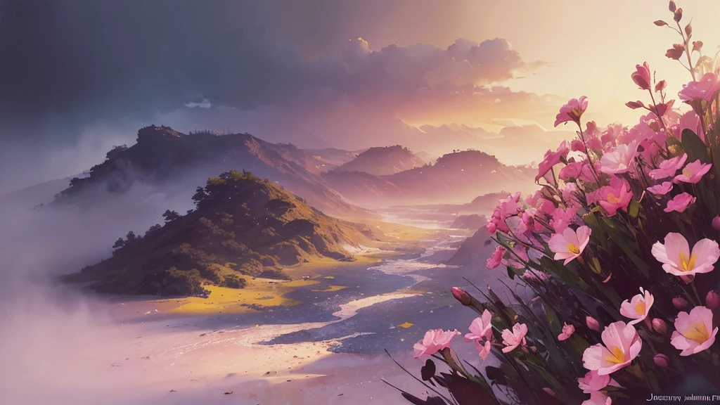 32k, Masterpiece, Highest quality, One girl, Brown Hair, Detailed eyes, flower,Freesia, Pink and navy style,A dreamy, romantic piece,Pale yellow, Mysterious Leaves,A playful arrangement,Fantasy,High Contrast,Ink strokes,explosion,Exposure, Impression of pink and navy tones,Abstract,((Watercolours by John Berkey and Jeremy Mann )) Brush strokes,Negative Space, Tyndall effect,