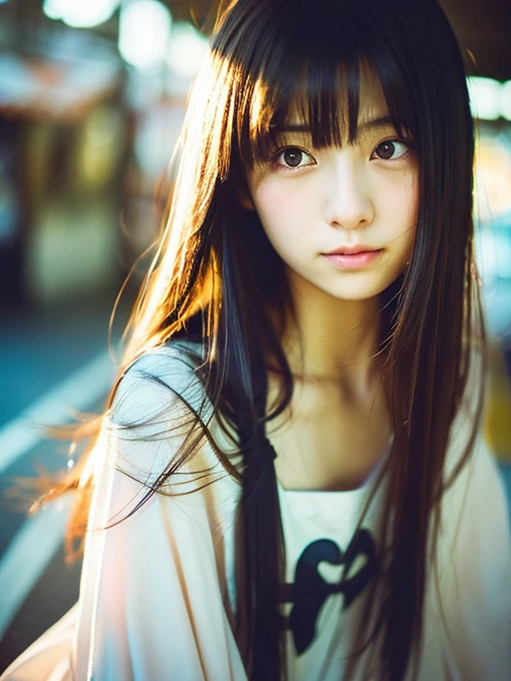 Japanese beautiful girl, Embarrassed look, figure, (Highest quality, Super detailed), front、Gentle lighting, Flowing Hair,one piece、 Delicate features, Dreamy atmosphere、Analog Film Photography、20-year-old、90'、Cyberpunk-style lo-fi animation、