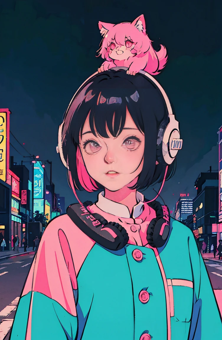 City Pop、80shair、near future、young girl, 80s anime style, retro animation of an attractive woman with black hair and pink headphones on her head standing in front of the city skyline at night listening to music. She wears colorful with muted colors in a vintage style.