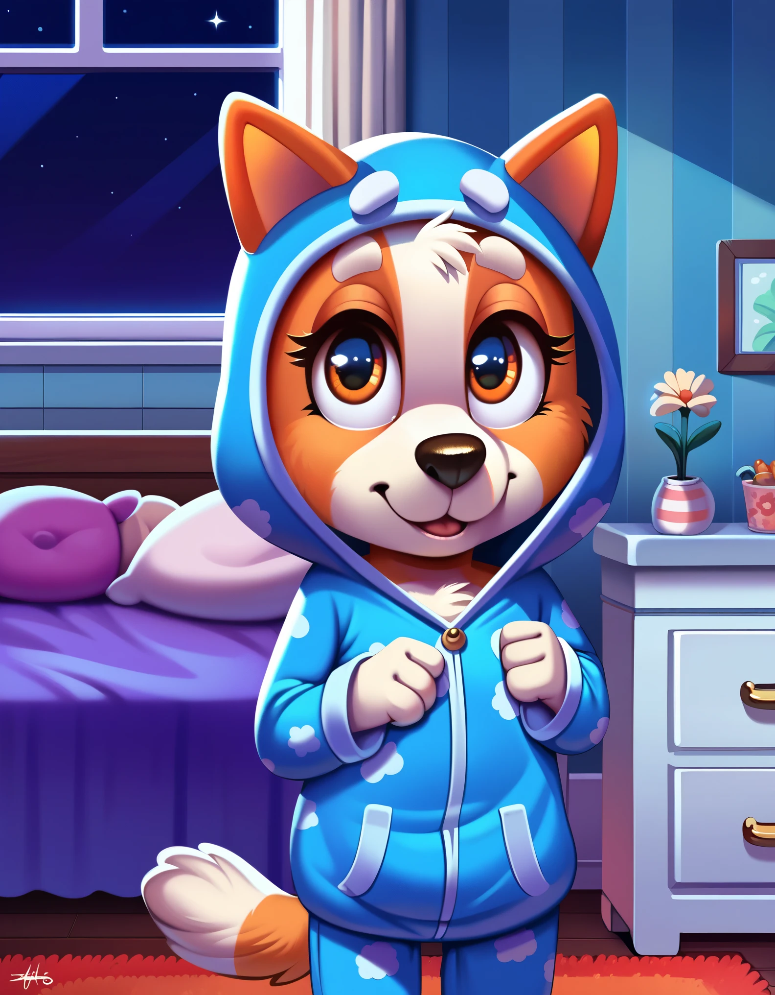 score_9, score_8_up, score_8, 1girl, 18 years old, source_cartoon, source_furry, blueyxl, bingo heeler, (boxchibi:0.8), cowboy shot, anthro, furry, tail, orange body, animal ears, flat shaded background, indoors, curvy, , detailed fur texture, pajamas, flat chest, onesie, slim, looking at viewer, at night, dark atmosphere