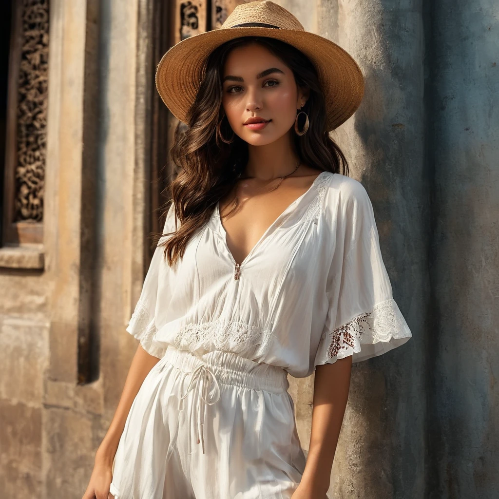 In a picturesque Old town Chiang Mai setting, candid of young man and woman, both aged 20 year old, ((showcase fashion look book in a White rayon outfits)), inspired by JACQUARD 's resort collection in elegant bohemian style. The man wears an oversized short-sleeved bowling white shirt with a pocket details, paired with relaxed-fit white Sports Wide Leg Shorts Baggy short and Drawstring, He completes his look with white sneakers, sunglasses and bracelet. The woman complements him in Ankle-length pleated dress in white rayon fabric, sleeveless, featuring a V-neckline with an elasticated waist and spaghetti shoulder straps, with delicate lace insets, Gathered tiers down the skirt and a ruffle hem, Her ensemble includes an accessorizes with a wide-brimmed straw hat, white sneakers and necklace. Captured in a low angle, ((full-body image)) ,Photographed with a a Canon EOS R6 with Sigma AF 85mm F1.4 EX DG HSM, utilizing natural light, the image employs shadows to enhance features and add depth to the composition. The careful layering and arrangement of body parts and surrounding objects ensure a flawless composition. This masterpiece celebrates the beauty of the models and invites viewers to immerse themselves in a world of sophistication and charm. The seductive lighting and intricate details, combined with a dramatic composition, capture the essence of a fun-filled day brimming with joy and relaxation. Attention is meticulously paid to the layers and arrangement of body parts and surrounding objects, ensuring correct body structure and photo distance. The romantic atmosphere, paired with a lively and extremely gorgeous background, completes this captivating scene.