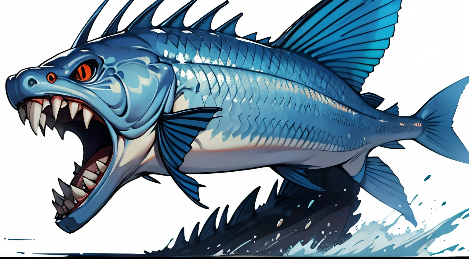 An ancient mutant fish,fear,Scary,Huge teeth,Money,ferocious,side view,White background