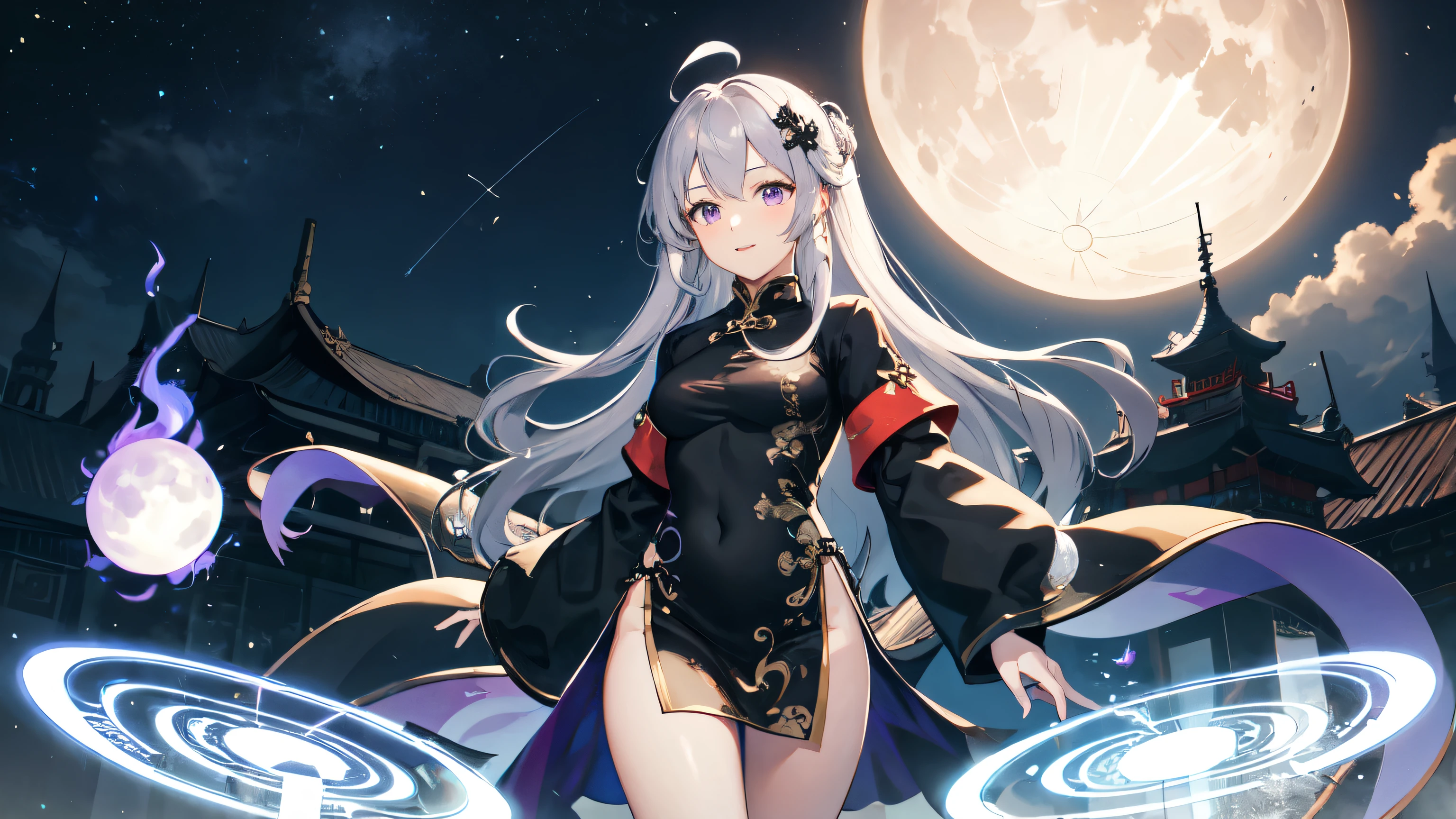 One girl, China dress ,Black jacket,Gray Hair, Purple eyes, magic circle, Blue Fire, Blue Flame, wallpaper, landscape, Depth of written boundary, night,star々,moon, Particles of light, light, Side Lighting, Thighs, destiny \(series\), skirt,Excited for adventure, cloud