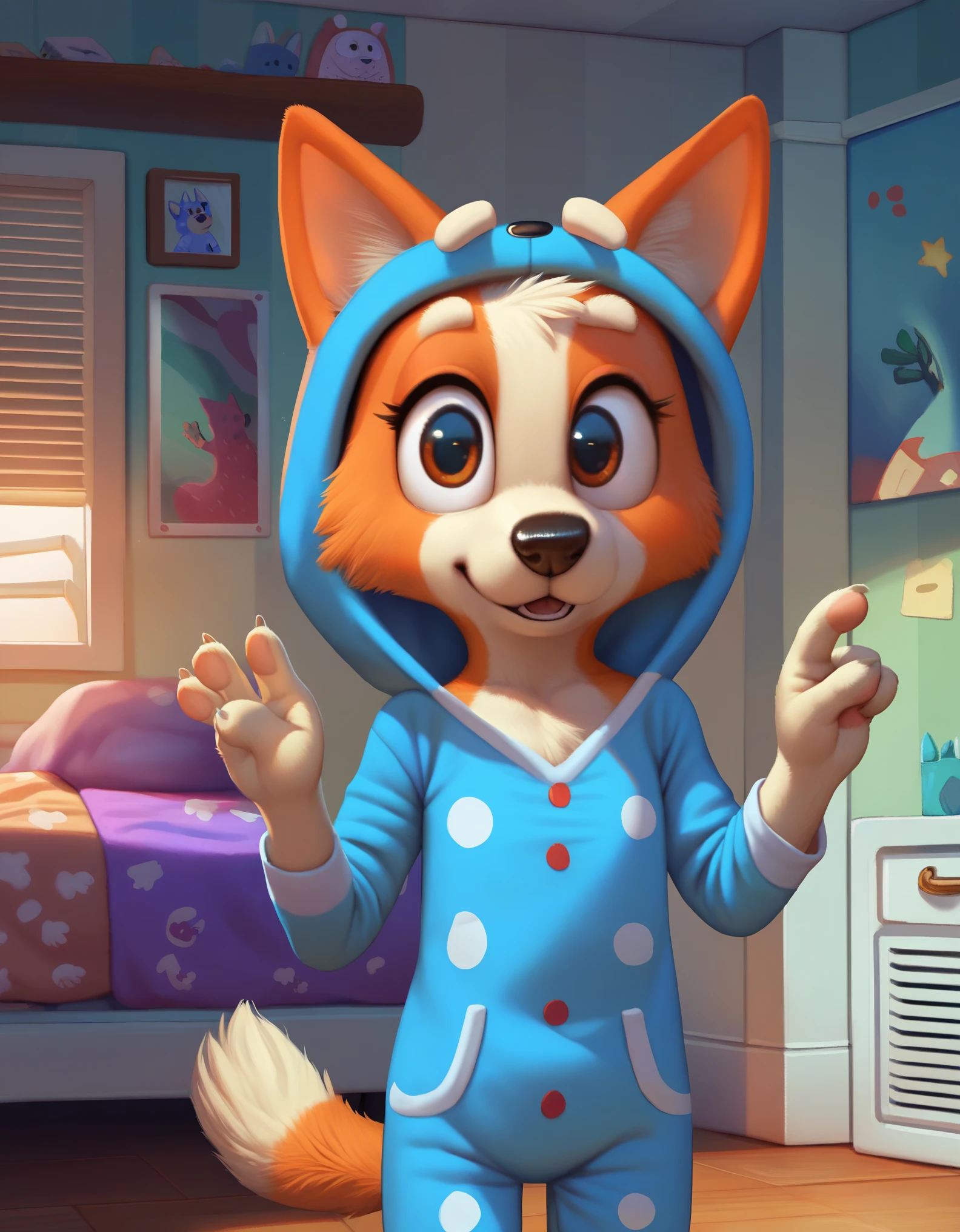 score_9, score_8_up, score_8, 1girl, 18 years old, source_cartoon, source_furry, blueyxl, bingo heeler, (boxchibi:0.8), cowboy shot, anthro, furry, tail, orange body, animal ears, flat shaded background, indoors, curvy, , detailed fur texture, pajamas, flat chest, onesie, slim, looking at viewer, at night, dark atmosphere