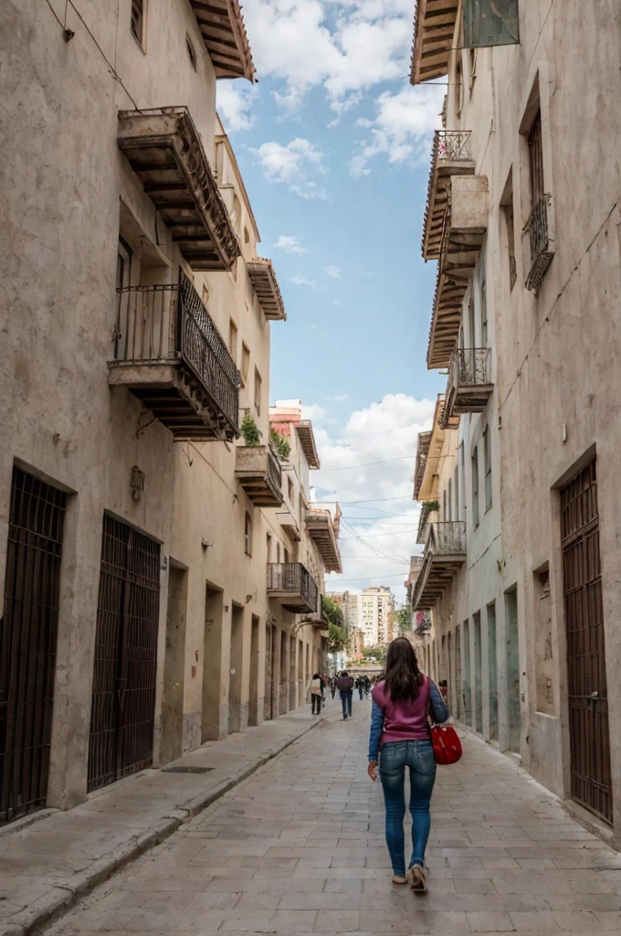 Pretty brunette woman , walking through Monterrey Mexico buildings in the background 