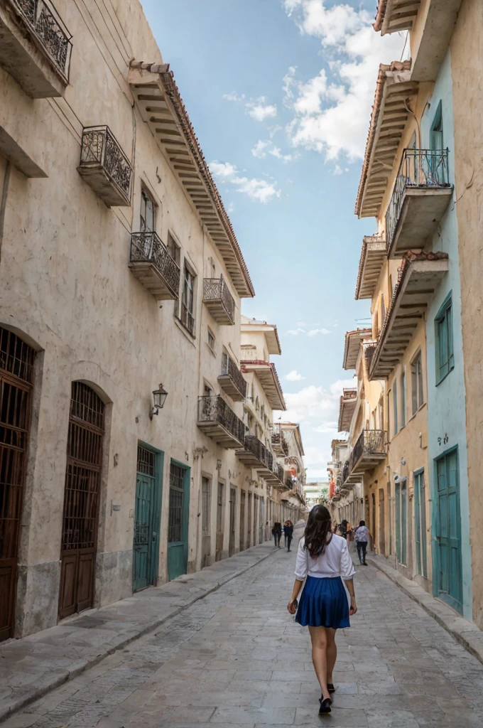 Pretty brunette woman , walking through Monterrey Mexico buildings in the background