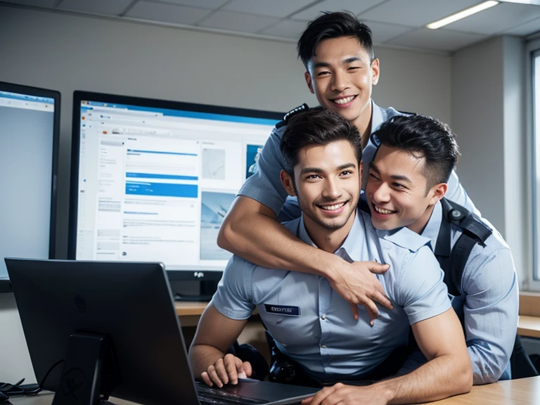 inside a police office with computer, two male smiling and holding each other shoulder standing, there is a gun on the table.