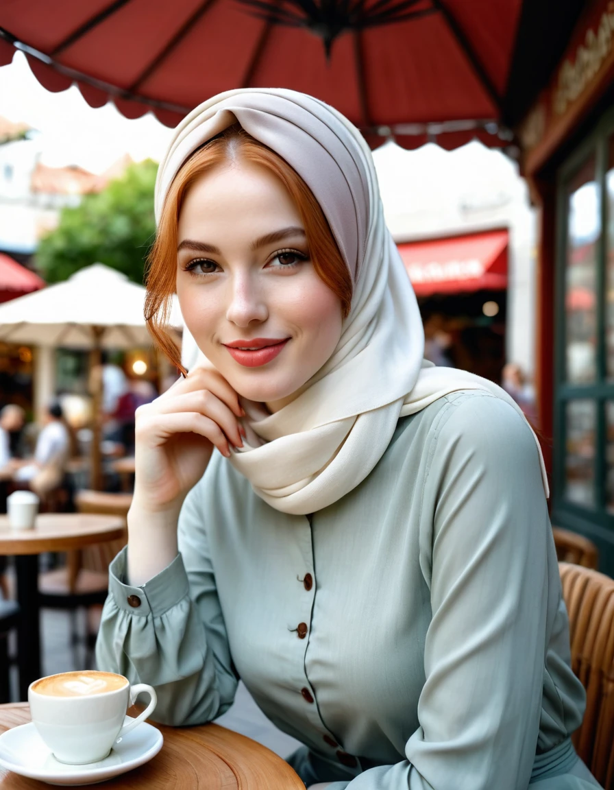 photography full body portrait of very beautiful realistic girl, sitting outdoor coffee shop, porcelain skin, very fair skin, very pale skin, redhead, wavy, ponytail, very detail skin texture, hazel eyes, slanted eyes, small nose, small nostril, beautiful curved eyebrow, thick bottom lip, seductive gaze, happy face, unique face, wear Turkish fancy hijab, detail photo, realistic photo, master piece picture, sharp picture, outdoor clear daylight