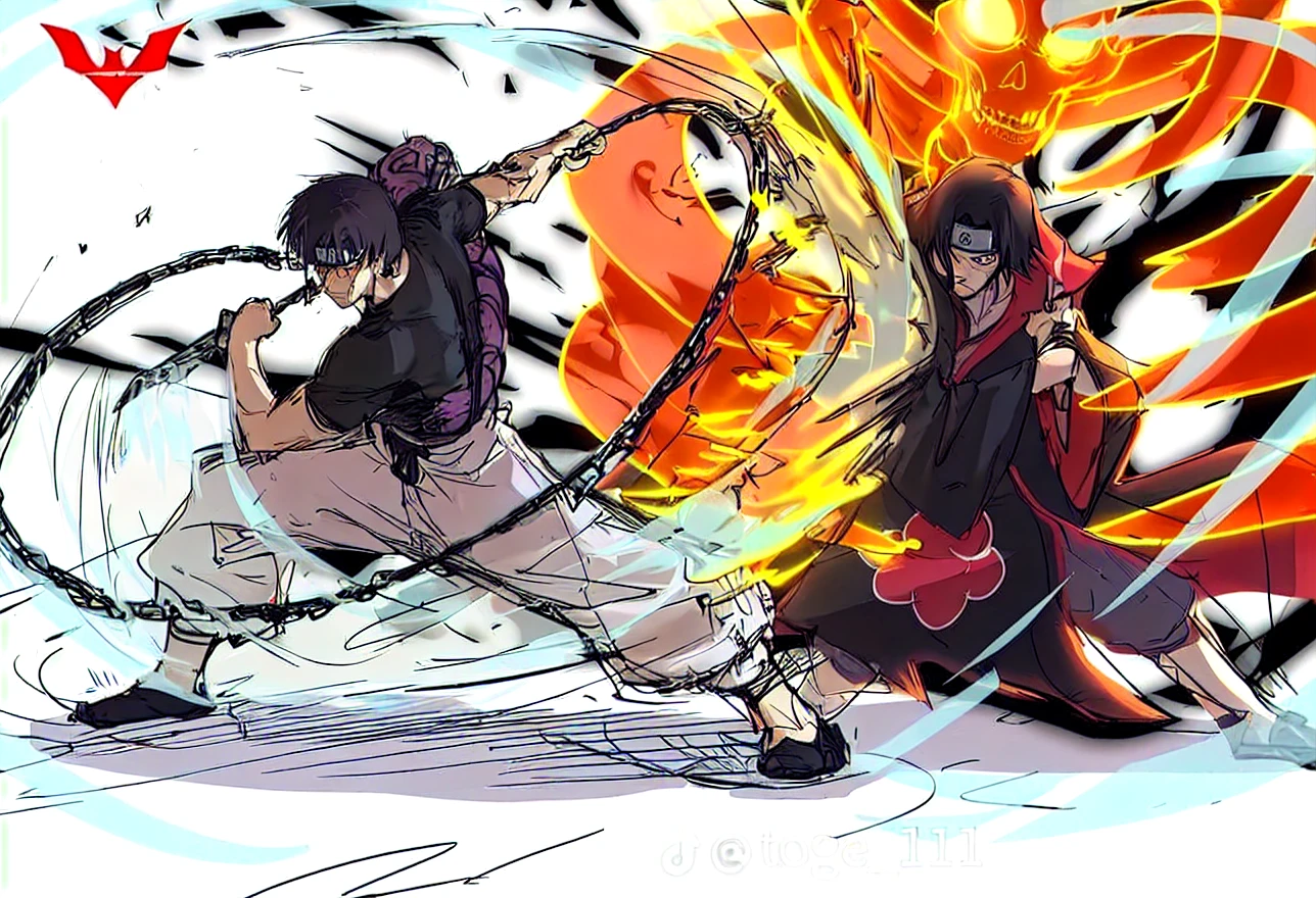 ((Character on the Left:
Short, dark hair, wearing a black shirt and light-colored pants.In a crouched, defensive stance, holding a chain whip.Swinging the chain whip in a circular motion, creating visual effects of motion lines and energy around the weapon.Character on the Right:Long, dark hair, dressed in a dark cloak with red clouds (similar to the Akatsuki cloak from “Naruto”).Wearing a headband with a scratched symbol.Summoning a large, fiery, skeletal figure (Susanoo) behind them, depicted in vibrant red and orange hues.Background and Effects:Filled with dynamic lines and colors to emphasize the movement and energy of the battle:1.2).:1.2)A shattered moon in the background, hinting at the high stakes of the fight.3). Sparks and debris flying around the characters as they clash.4). A dark, ominous aura surrounding the summoning of the fiery beast.5). A sense of intense focus and determination on both characters' faces as they face off in battle.)