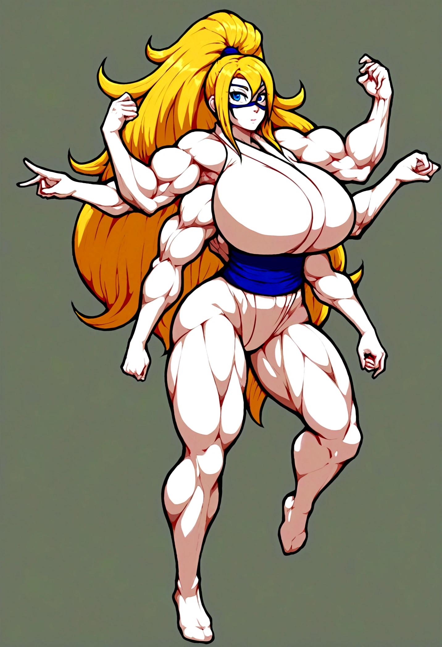Ninja femboy, long blonde hair, blue eyes, gigantic muscular body, white ninja outfit, big breasts, white ninja mask, 4 arms, full body.