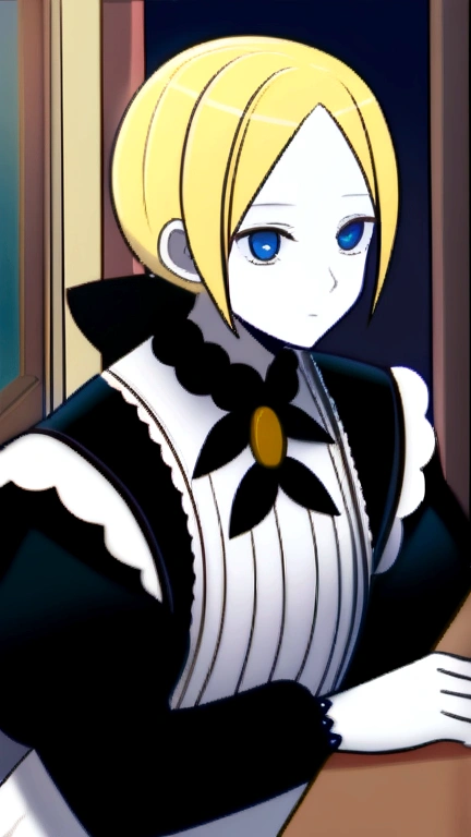 Gothic maid of the Victorian era, Blonde, blue eyes, White skin, in a coffee shop 