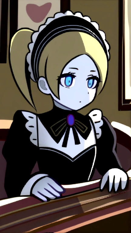 Gothic maid of the Victorian era, Blonde, blue eyes, White skin, in a coffee shop 