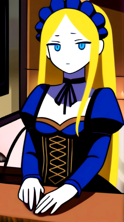 Gothic maid of the Victorian era, Blonde, blue eyes, White skin, in a coffee shop 