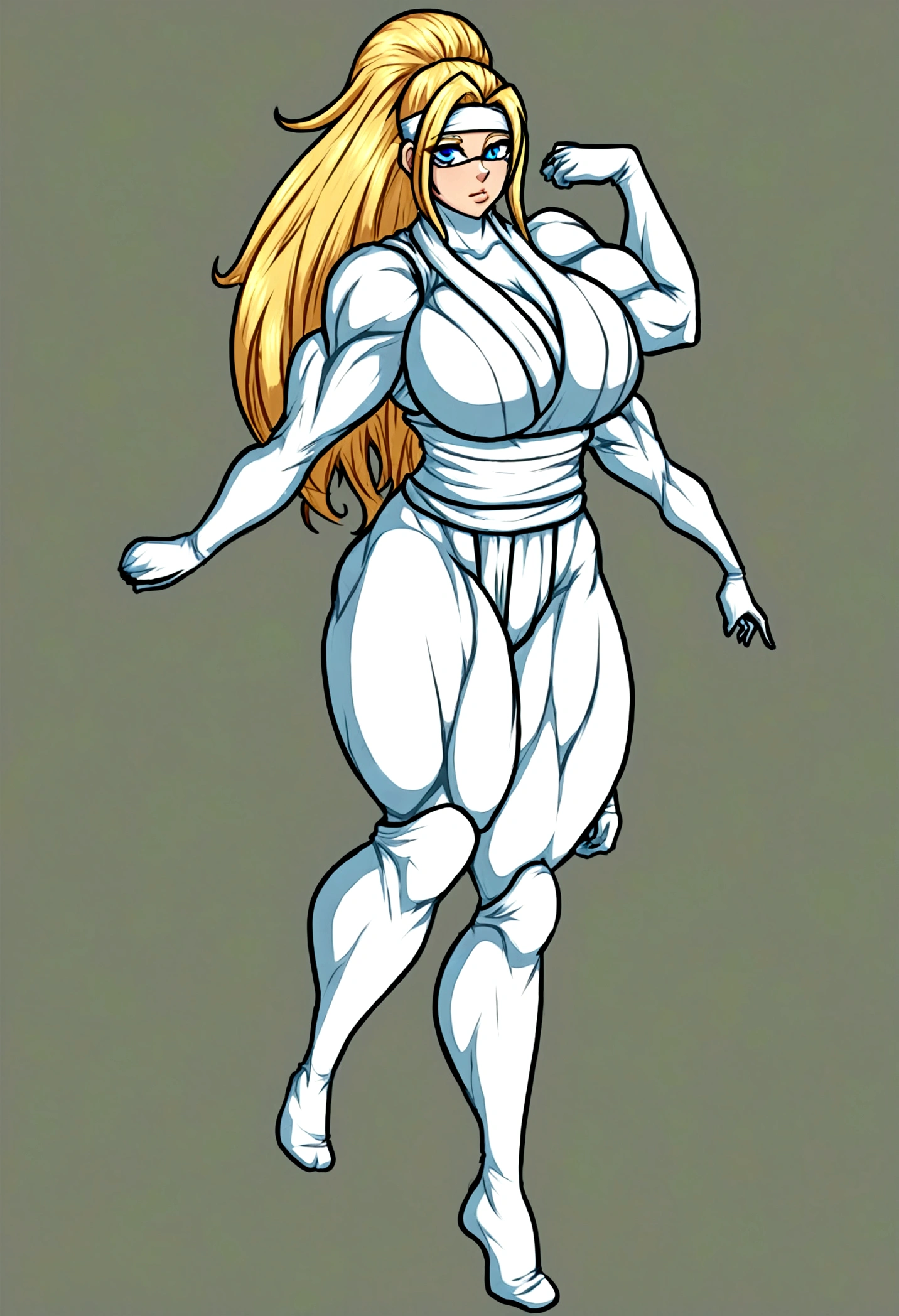 Ninja femboy, long blonde hair, blue eyes, gigantic muscular body, white ninja outfit, big breasts, white ninja mask, 4 arms, full body.