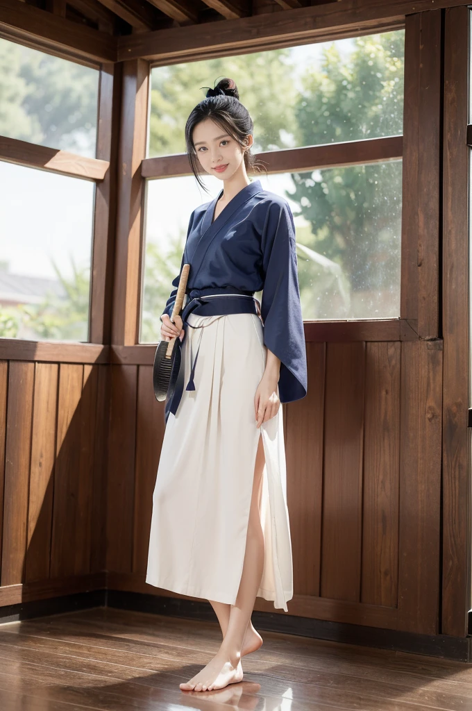 (((best quality))),(((ultra detailed))),(((masterpiece))),illustration,1girl,solo,short ponytail,slim,thin,small breasts,flat chest,white collar,white kendogi,three-quarter sleeves,maxi navy-blue kendo hakama,slender legs,standing in kendo gym,(holding a bokuto in hand:1.3),arms behind back,focused and determined expression,ready for challenge,slender and elegant face,confident and resilient,fair skin,blush,neat teeth,bright smile,clean and tidy uniform,wooden gym floor,wall,pine scent,standard grip,ready to slice through obstacles,strong belief,determination,spirit of resilience,admiring,from front,full body,bare feet