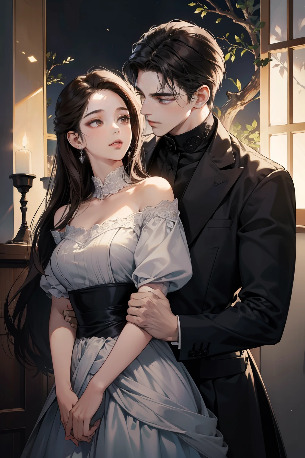 **Creada por: Midoru**
(masterpiece:1.4), best quality,
A striking and enchanting couple, affectionate and loving, with a dark and mysterious allure. The scene is set under the soft glow of the moonlight, casting long shadows and creating a romantic atmosphere. The couple is posed close, their bodies almost melting into one another, their dark tones contrasting against the pale moonlit background. The woman, with her dark brown hair cascading down to her waist, has a seductive smile and her lips are glossed a deep, dark shade of red. The man, with his black hair cropped short and his solid build, exudes an