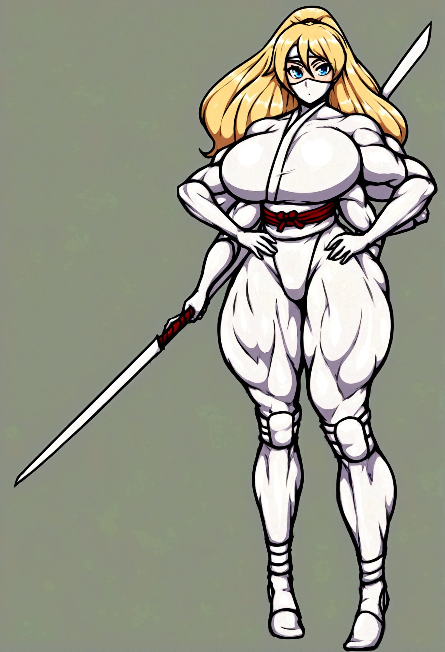 Ninja femboy, long blonde hair, blue eyes, gigantic muscular body, white ninja outfit, big breasts, white ninja mask, 4 arms, full body.