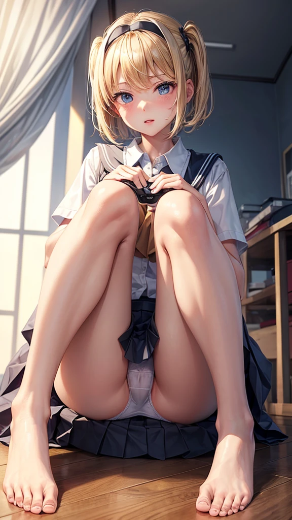 (masterpiece, Highest quality), Blonde Short Hair, (Schoolgirl Uniform, Pleated mini skirt), Put the VR goggles on your eyes, Open your mouth, Hold two VR controllers in your hands, Sitting on the floor, Raise your knees, Put your knees on your chest, Spread leg pose, (White cotton panties), Camel Toe, In her room, Barefoot, barefoot, ((Show your crotch, Showing panties)),