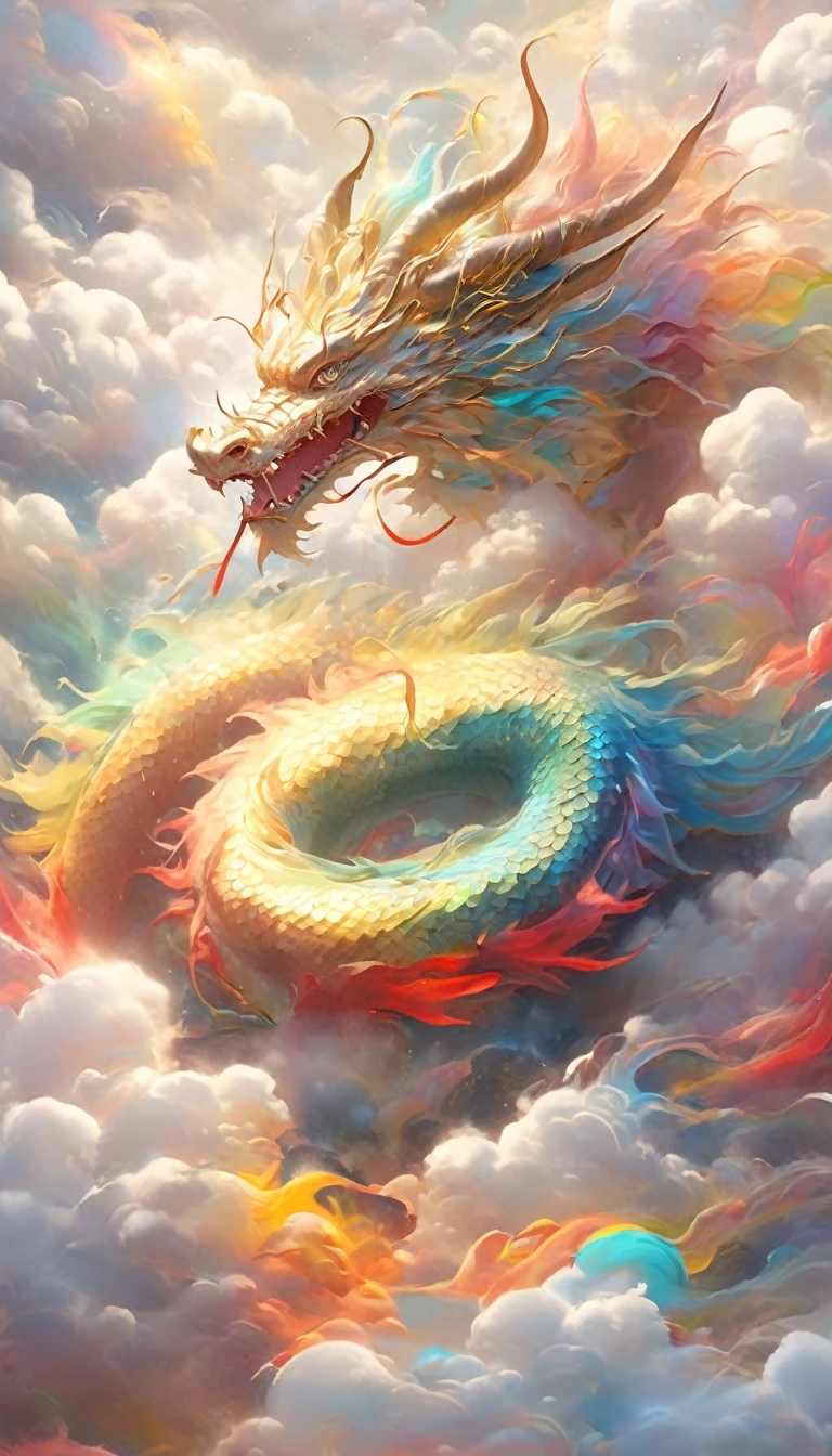 A dragon rises from the sea of clouds、Carrying great happiness、Huge gold and red body、High detail、High resolution、High color rendering、High resolution、Surreal、Realistic、Rainbow colors、Pastel colored scales