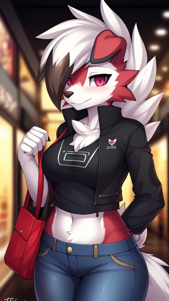 By zinfyu,by twistedscarlet60, uploaded on pixiv, by fluff-kevlar, (masterpiece), (best quality), (solo female:1.2), (extremely detailed:1.3),(detailed eye,black circle on eye,pink eye), lycanroc midnight, view on viewer, close view, shy face, half body on potrait, only body and head, close view, closeup photo of lycanroc, wearing a shirt for women crop v neck top white t-shirt korean fashion women t with a tight open gray color jacket, wearing jeans, at mall, Carrying expensive bag
