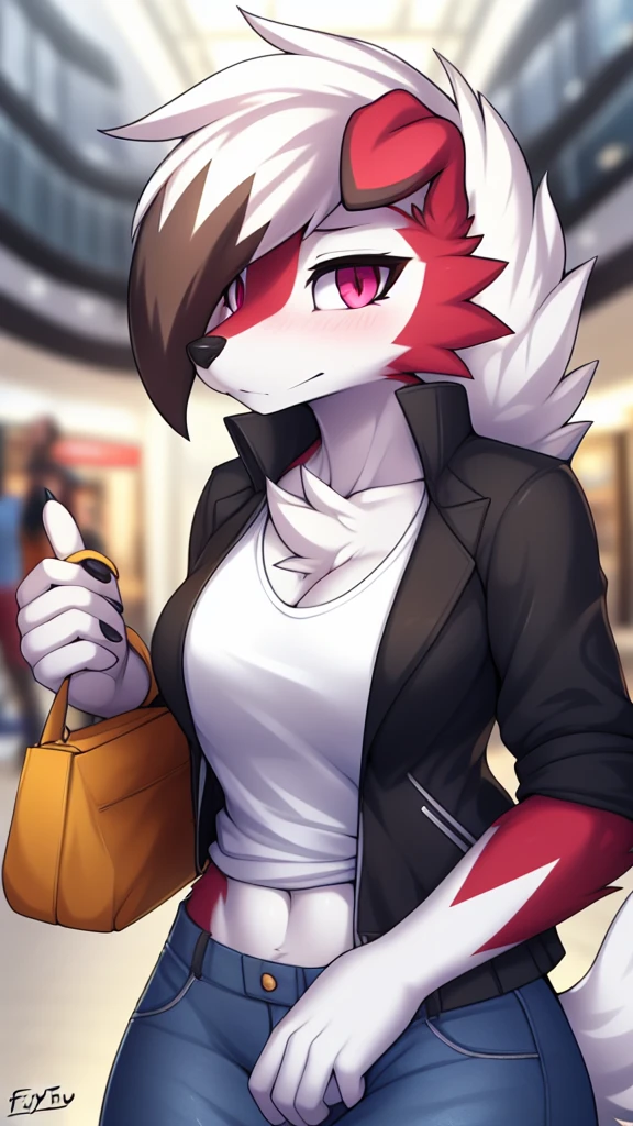 By zinfyu,by twistedscarlet60, uploaded on pixiv, by fluff-kevlar, (masterpiece), (best quality), (solo female:1.2), (extremely detailed:1.3),(detailed eye,black circle on eye,pink eye), lycanroc midnight, view on viewer, close view, shy face, half body on potrait, only body and head, close view, closeup photo of lycanroc, wearing a shirt for women crop v neck top white t-shirt korean fashion women t with a tight open gray color jacket, wearing jeans, at mall, Carrying expensive bag