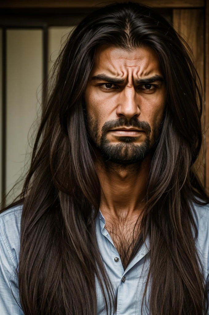Face of long-haired semi-leaning man with an expression of resentment and hatred