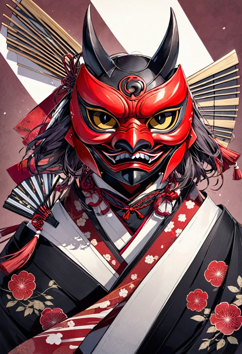 Tengu mask with 2 japanese folding fans behind it