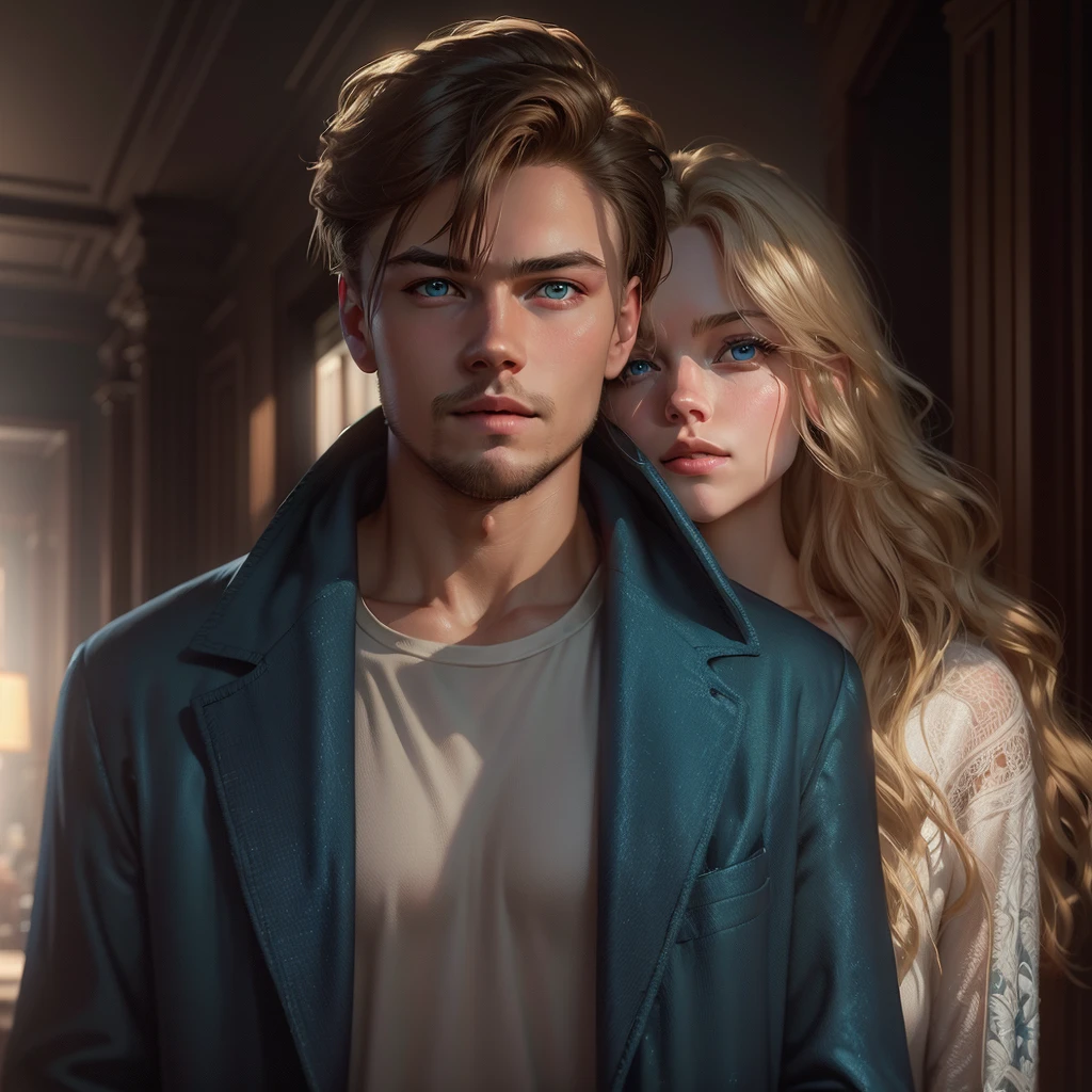 a 20 year old man with bright light blue eyes, light brown hair, physical comparison to 20-year-old Leonard Dicaprio, dressed in a spiderman sweatshirt and a white t-shirt, short hair hairstyle, standing with a beautiful blonde blonde bride with bright blue eyes and a physical resemblance to Amanda Seyfried dressed in a black dress, an unreal engine 5, octane renderer, background of a bookstore, csbbelo and detailed eyes, beautiful real faces, Beautiful hair, they both smile, beautiful portrait with details, hair with many details, 8k Artgerm bokeh, IG model | Artgerm, detailed portrait, stunning holding portrait of a realistic face, beautiful portrait, deviantart artstation cgscosiety, realistic cinematic portrait, high quality portrait, elegant digital painting, Artistic style
