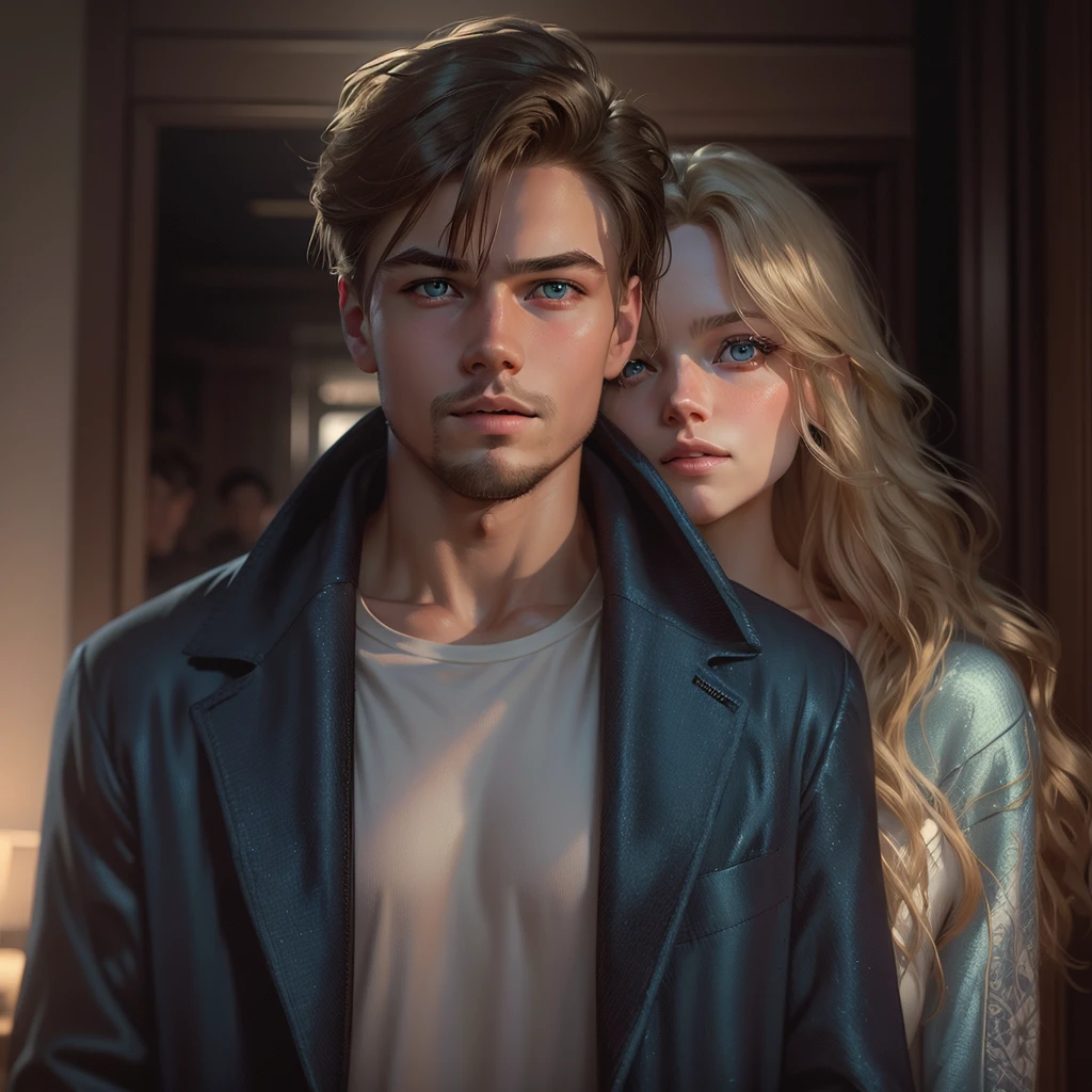 a 20 year old man with bright light blue eyes, light brown hair, physical comparison to 20-year-old Leonard Dicaprio, dressed in a spiderman sweatshirt and a white t-shirt, short hair hairstyle, standing with a beautiful blonde blonde bride with bright blue eyes and a physical resemblance to Amanda Seyfried dressed in a black dress, an unreal engine 5, octane renderer, background of a bookstore, csbbelo and detailed eyes, beautiful real faces, Beautiful hair, they both smile, beautiful portrait with details, hair with many details, 8k Artgerm bokeh, IG model | Artgerm, detailed portrait, stunning holding portrait of a realistic face, beautiful portrait, deviantart artstation cgscosiety, realistic cinematic portrait, high quality portrait, elegant digital painting, Artistic style