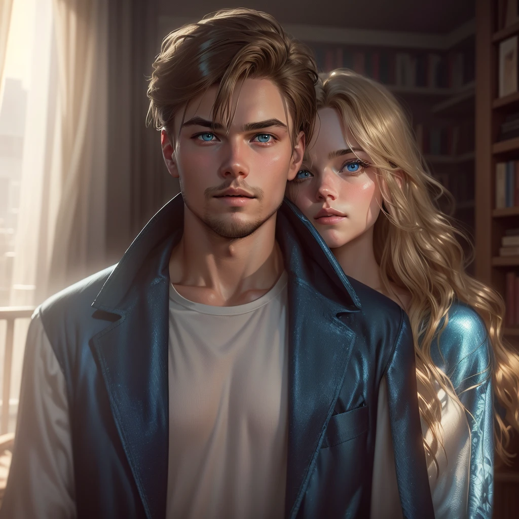 a 20 year old man with bright light blue eyes, light brown hair, physical comparison to 20-year-old Leonard Dicaprio, dressed in a spiderman sweatshirt and a white t-shirt, short hair hairstyle, standing with a beautiful blonde blonde bride with bright blue eyes and a physical resemblance to Amanda Seyfried dressed in a black dress, an unreal engine 5, octane renderer, background of a bookstore, csbbelo and detailed eyes, beautiful real faces, Beautiful hair, they both smile, beautiful portrait with details, hair with many details, 8k Artgerm bokeh, IG model | Artgerm, detailed portrait, stunning holding portrait of a realistic face, beautiful portrait, deviantart artstation cgscosiety, realistic cinematic portrait, high quality portrait, elegant digital painting, Artistic style