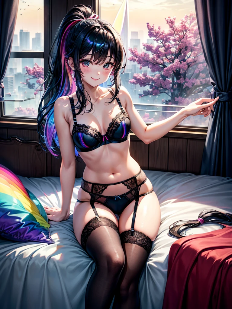 Highest quality,Highest Resolution,4K quality,Underwear looking at city night view outside large window in modern bedroom((Rainbow Gradient色))のsmileの女性の横顔,((Black hair ponytail)),Dark room,Rainbow Gradientセクシーランジェリー,Many water drops on the window,garter belt,High leg,((Iridescent underwear)),Knee-high stockings,smile,Landscape,Colorful eyeballs,Small bra{((Underwear color))Rainbow Gradient,