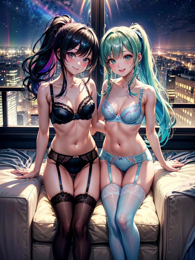 Highest quality,Highest Resolution,４K quality,Underwear looking at city night view outside large window in modern bedroom((Rainbow Gradient色))のsmileの女性の横顔,((Black hair ponytail)),Dark room,Rainbow Gradientセクシーランジェリー,Many water drops on the window,garter belt,High leg,((Iridescent underwear)),Knee-high stockings,smile,Landscape,Colorful eyeballs,Small bra{((Underwear color))Rainbow Gradient,