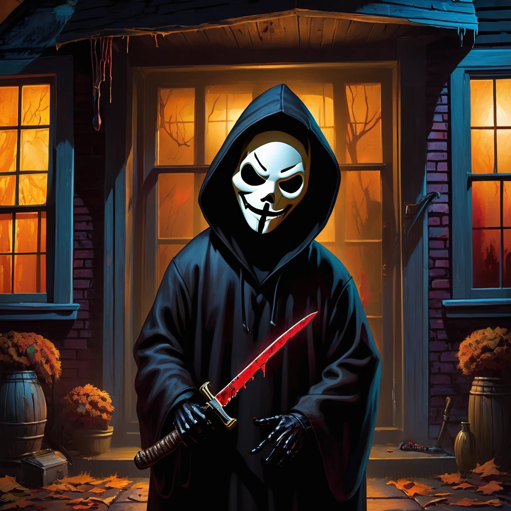 (knitted toy voodoo doll:1.2), (Voodoo Ghostface Killer:1.7), (Clothing: black hooded robe with tattered edges:1.0), (Accessories: iconic Ghostface mask, enchanted bloody knife, magical phone:1.2), (background: eerie suburban house with darkened windows, glowing streetlights, and shadowy corners:1.2), best quality, masterpiece, detailed soft oil painting, detailed background, dramatic cinematic lighting, soft edge lighting, professional, dramatic lighting, hard edge lighting, ultra quality, 4k,masterpiece, best quality, 8k, ultra highres, highres, extremely detailed