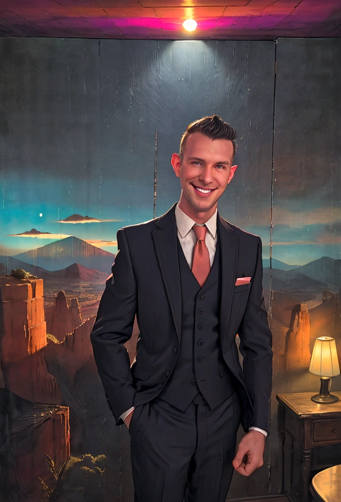 (solo), RAW Photo, photo of man Todder8 in a room at twilight wearing classic dapper clothes, (wearing suit), glow of the setting sun, vibrant ambiance, desert mountains, neon lights, music, (jet magazine), male, smiling, looking at camera short hair, Todder5