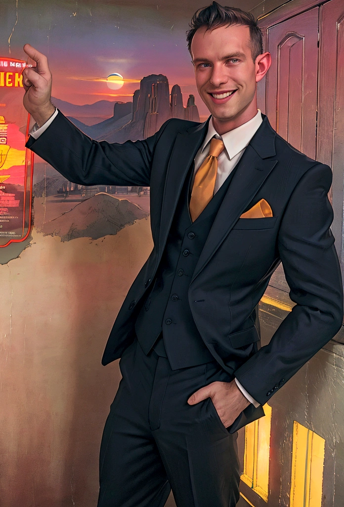 (solo), RAW Photo, photo of man Todder8 in a room at twilight wearing classic dapper clothes, (wearing suit), glow of the setting sun, vibrant ambiance, desert mountains, neon lights, music, (jet magazine), male, smiling, looking at camera short hair, Todder5