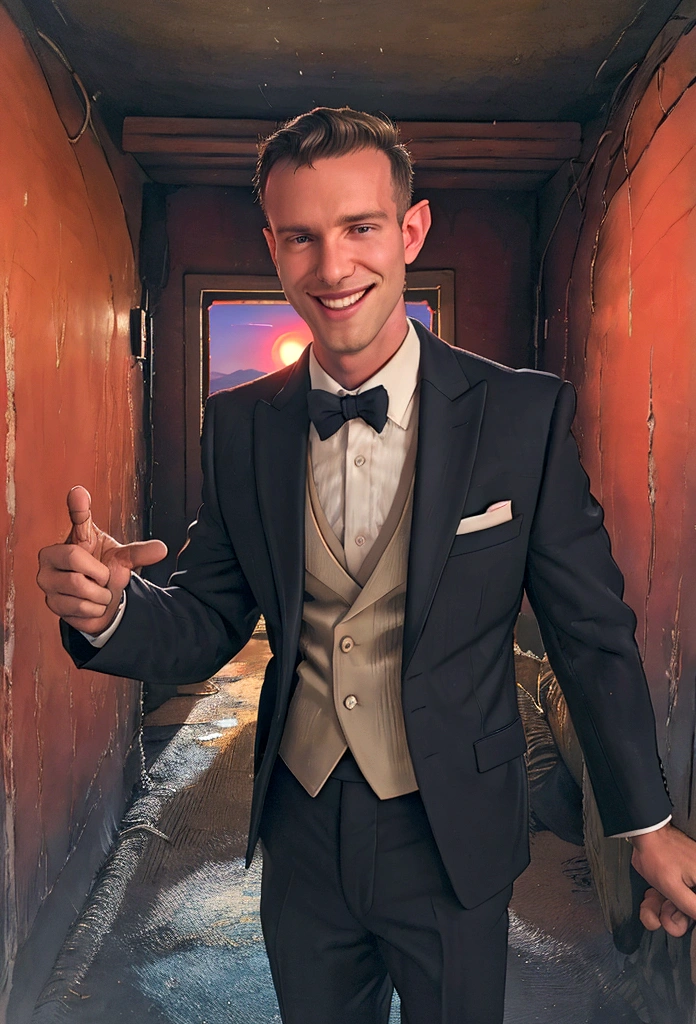 (solo), RAW Photo, photo of man Todder8 in a room at twilight wearing classic dapper clothes, (wearing suit), glow of the setting sun, vibrant ambiance, desert mountains, neon lights, music, (jet magazine), male, smiling, looking at camera short hair, Todder5