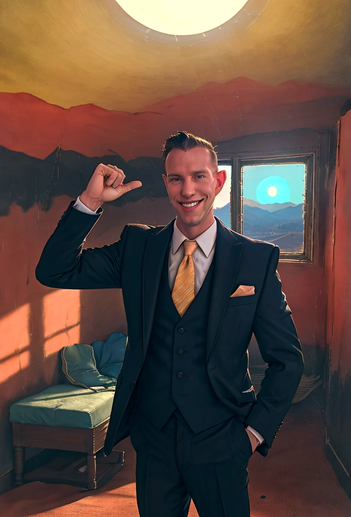 (solo), RAW Photo, photo of man Todder8 in a room at twilight wearing classic dapper clothes, (wearing suit), glow of the setting sun, vibrant ambiance, desert mountains, neon lights, music, (jet magazine), male, smiling, looking at camera short hair, Todder5